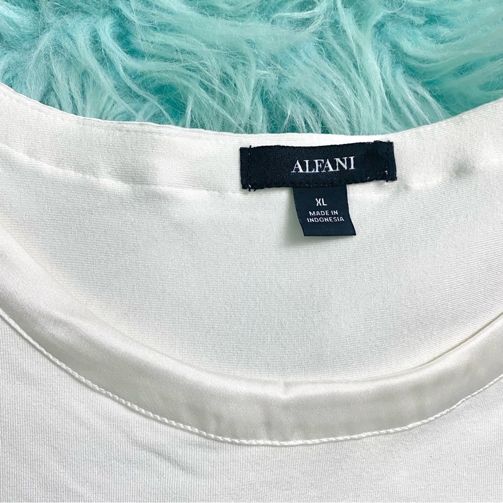 ALFANI Ivory Cream Satin-Trim High-Low T-Shirt Top - Picture 2 of 7